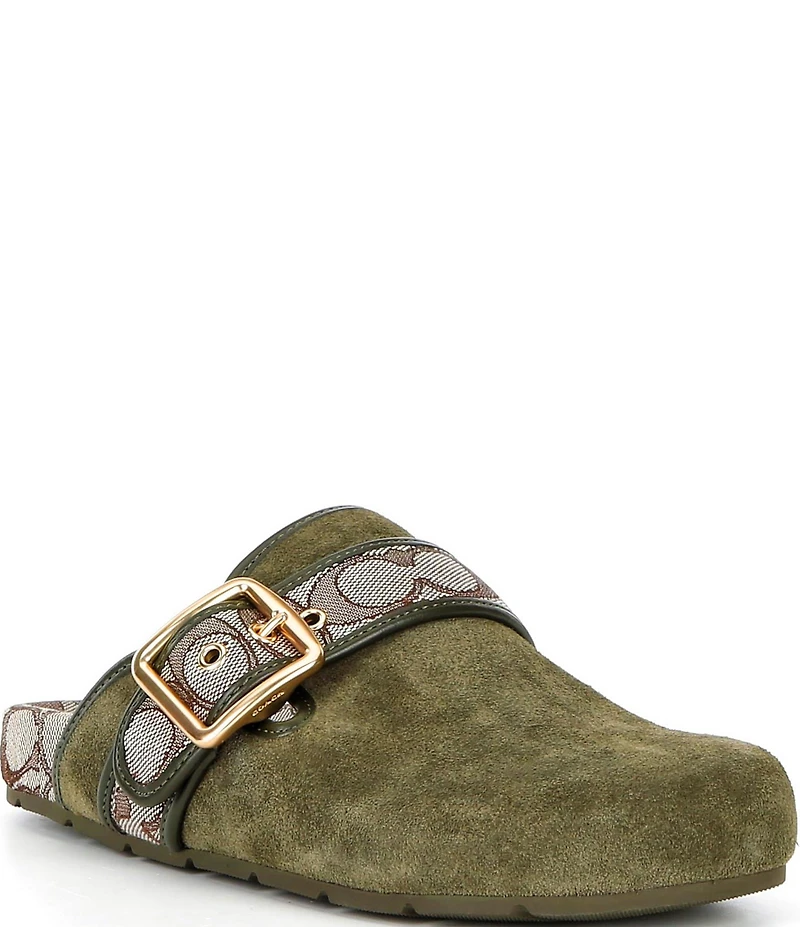 COACH Women's Archival Suede and Signature Jacquard Buckle Hardware Clogs