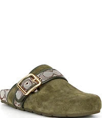 COACH Women's Archival Suede and Signature Jacquard Buckle Hardware Clogs
