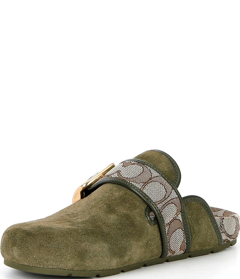 COACH Women's Archival Suede and Signature Jacquard Buckle Hardware Clogs