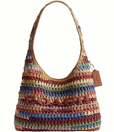 COACH Brooklyn 28 Multi Stripe Straw Shoulder Bag