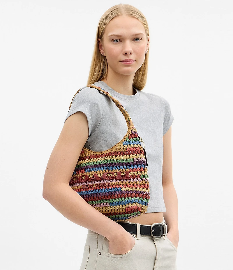 COACH Brooklyn 28 Multi Stripe Straw Shoulder Bag