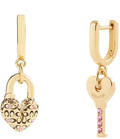 COACH Charming Charms Heart Padlock & Key Huggie Hoop Mismatch Earrings