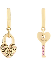 COACH Charming Charms Heart Padlock & Key Huggie Hoop Mismatch Earrings