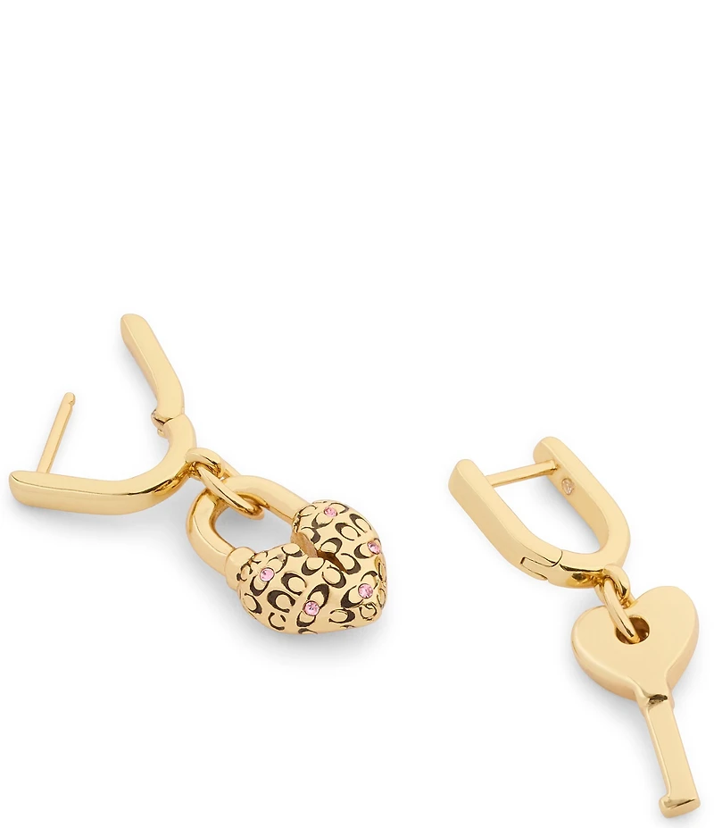 COACH Charming Charms Heart Padlock & Key Huggie Hoop Mismatch Earrings