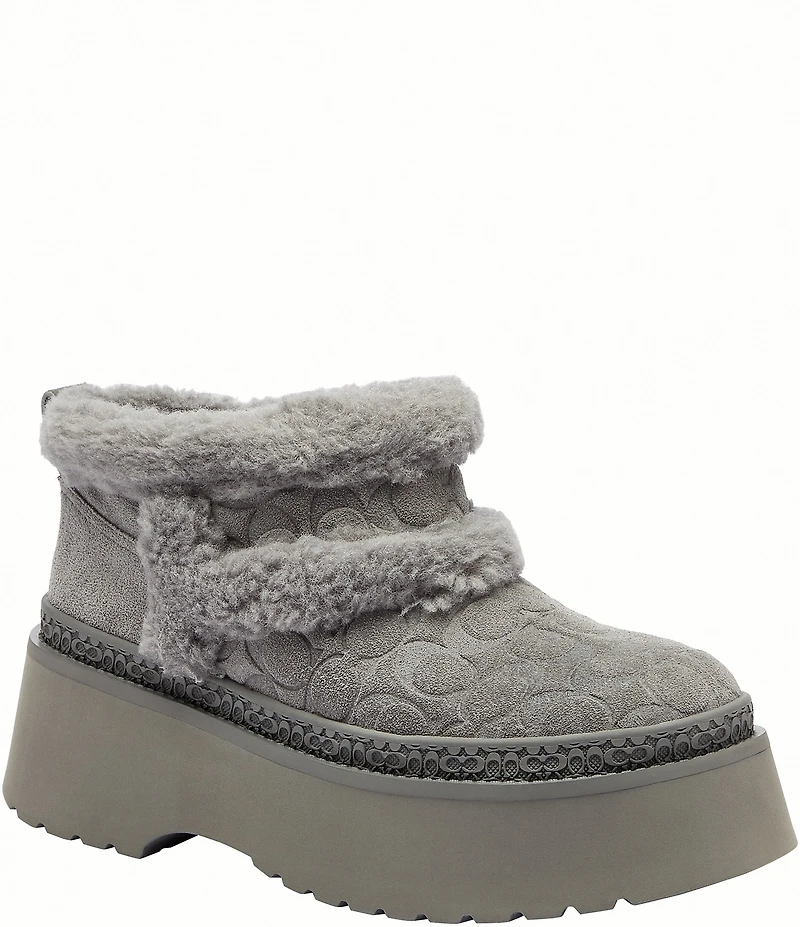 COACH Christina Signature Logo Suede Shearling Platform Booties