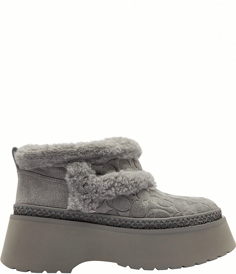 COACH Christina Signature Logo Suede Shearling Platform Booties