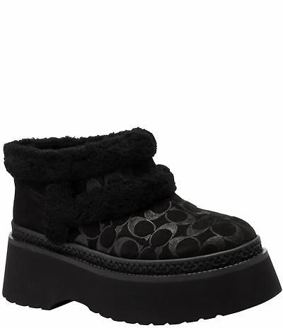 COACH Christina Signature Logo Suede Shearling Platform Booties