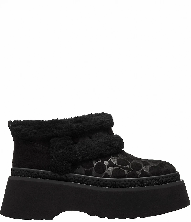 COACH Christina Signature Logo Suede Shearling Platform Booties