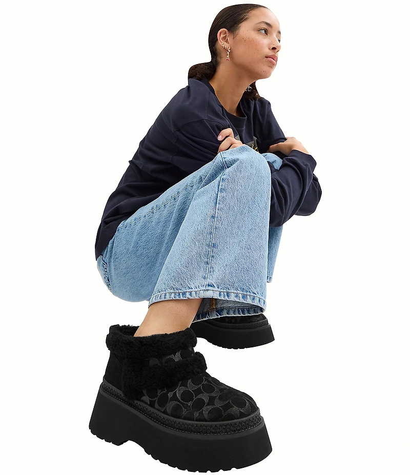 COACH Christina Signature Logo Suede Shearling Platform Booties