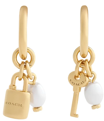 COACH Iconic Pearl Lock & Key Charm Huggie Hoop Earrings