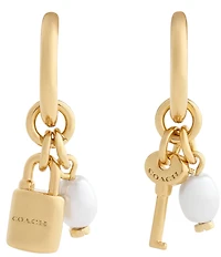 COACH Iconic Pearl Lock & Key Charm Huggie Hoop Earrings