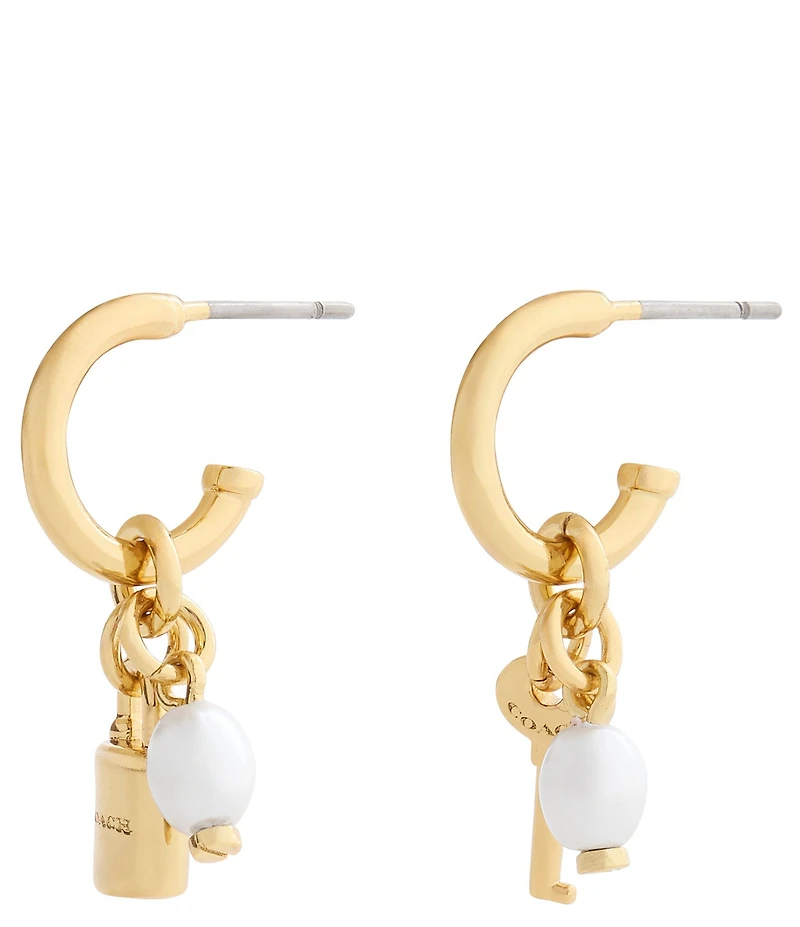 COACH Iconic Pearl Lock & Key Charm Huggie Hoop Earrings