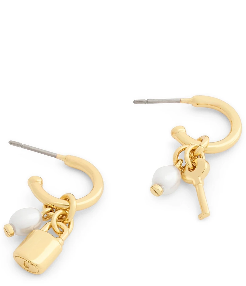 COACH Iconic Pearl Lock & Key Charm Huggie Hoop Earrings