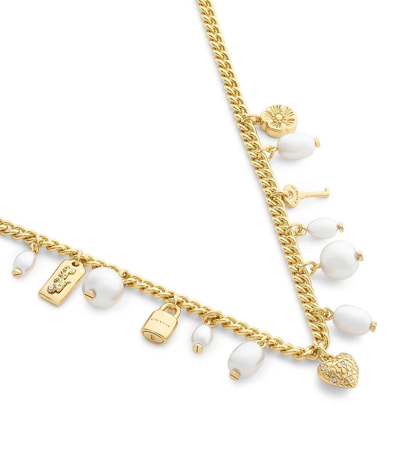 COACH Iconic Pearl Signature Charm Bib Collar Necklace