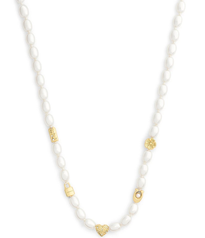 COACH Iconic Pearl Signature Charm Strand Collar Necklace