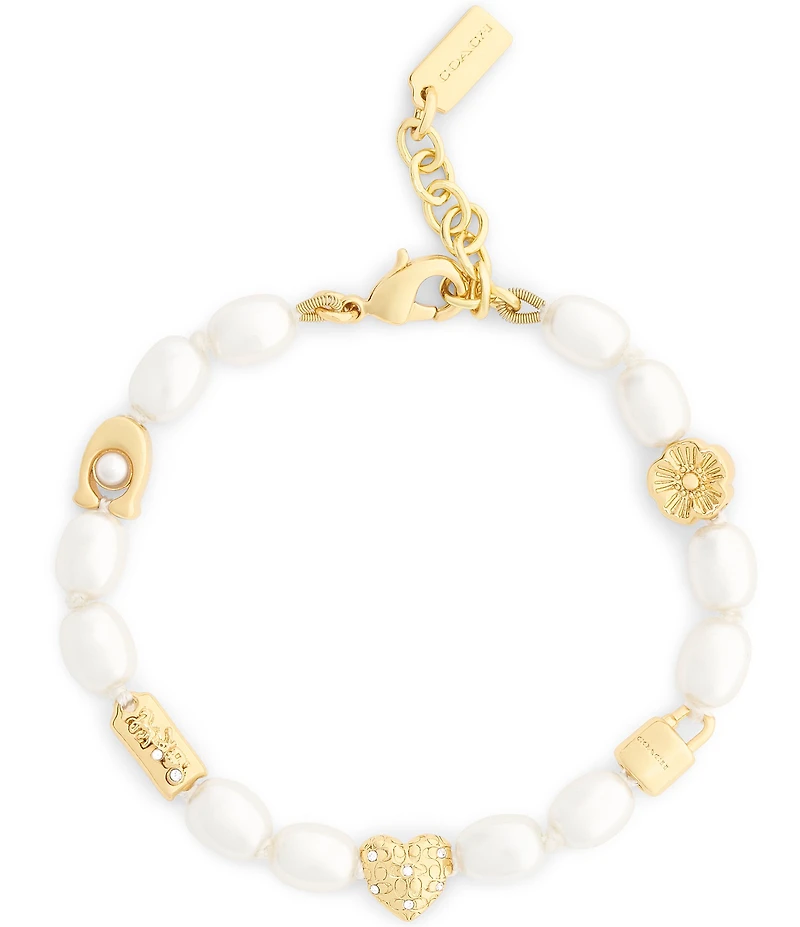 COACH Iconic Pearl Signature Charm Strand Line Bracelet