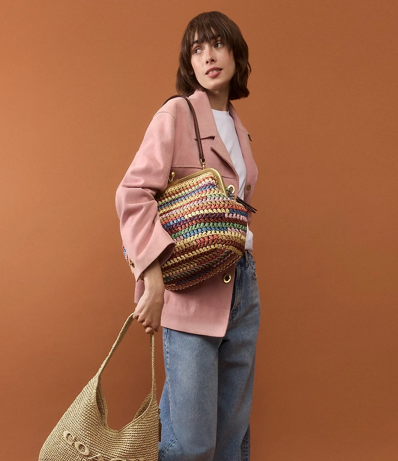 COACH Kisslock 27 Multi Stripe Straw Frame Bag