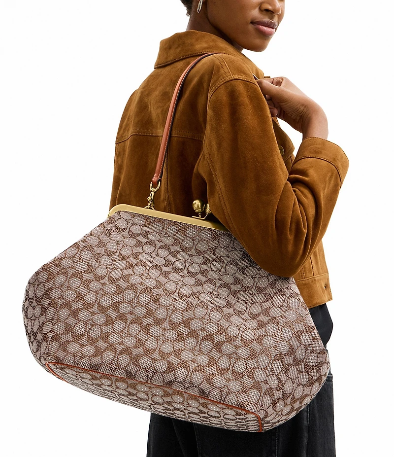 COACH Large Oversized Kisslock Frame Crystal Jacquard Shoulder Clutch Bag