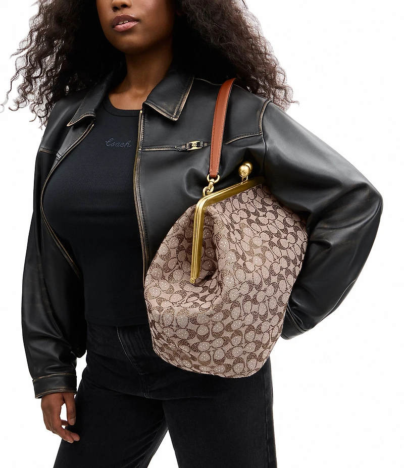 COACH Large Oversized Kisslock Frame Crystal Jacquard Shoulder Clutch Bag