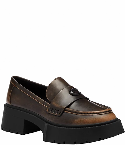 COACH Leah Distressed Leather Block Heel Logo Platform Loafers