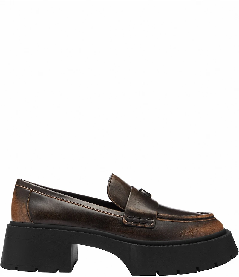 COACH Leah Distressed Leather Block Heel Logo Platform Loafers