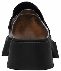 COACH Leah Distressed Leather Block Heel Logo Platform Loafers