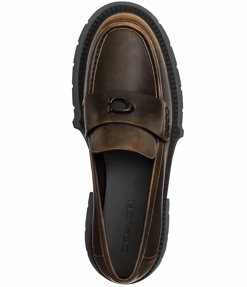 COACH Leah Distressed Leather Block Heel Logo Platform Loafers