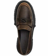 COACH Leah Distressed Leather Block Heel Logo Platform Loafers