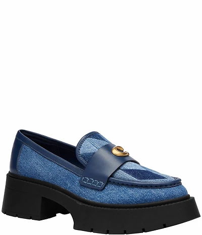 COACH Leah Denim Patchwork Logo Detail Chunk Platform Loafers