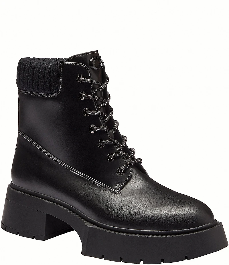 COACH Leah Leather Platform Lace Up Block Heel Booties