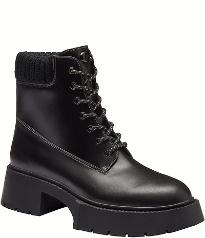 COACH Leah Leather Platform Lace Up Block Heel Booties