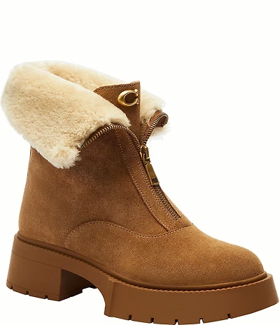 COACH Leah Suede and Shearling Zip Up Platform Booties