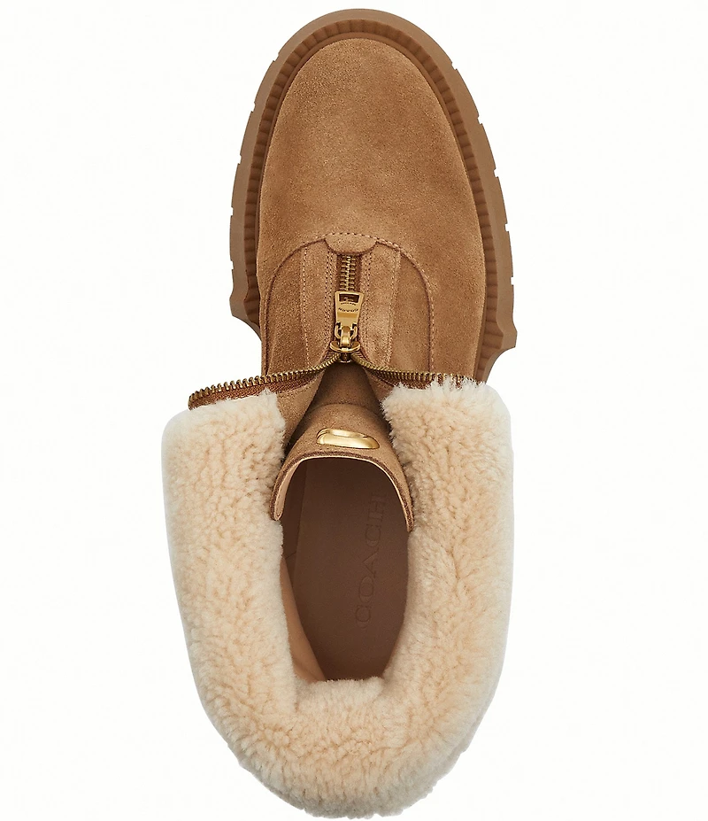COACH Leah Suede and Shearling Zip Up Platform Booties