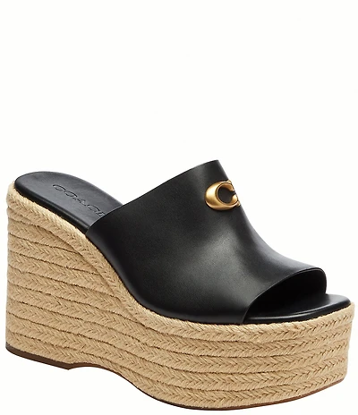 COACH Leather Espadrille Platform Wedge Slide Sandals