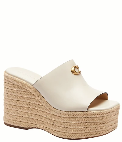 COACH Leather Espadrille Platform Wedge Slide Sandals