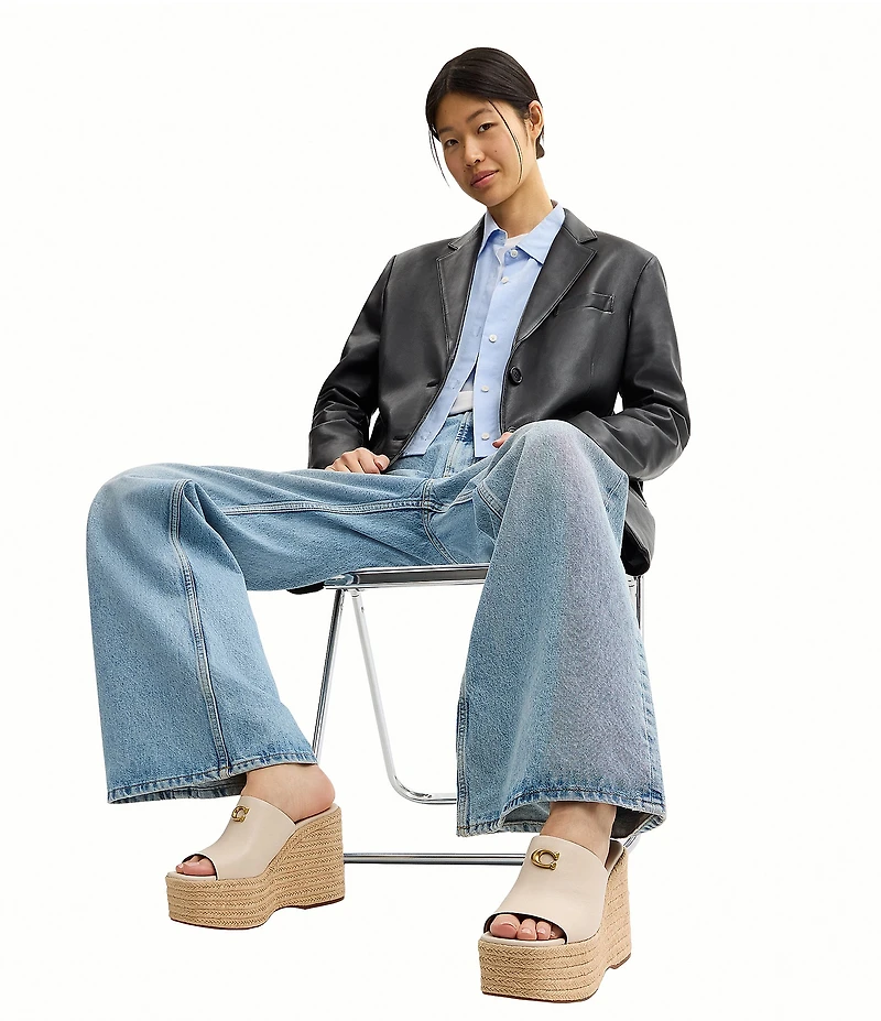 COACH Leather Espadrille Platform Wedge Slide Sandals