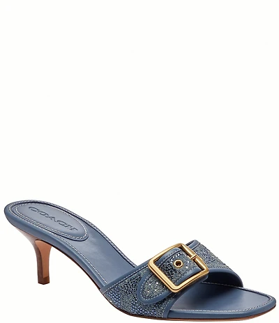 COACH Limited Edition Margot Crystal Signature Denim Kitten Heel Slide Sandals