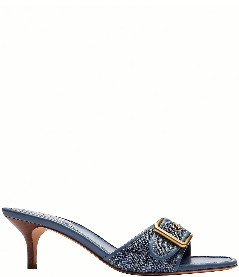 COACH Limited Edition Margot Crystal Signature Denim Kitten Heel Slide Sandals