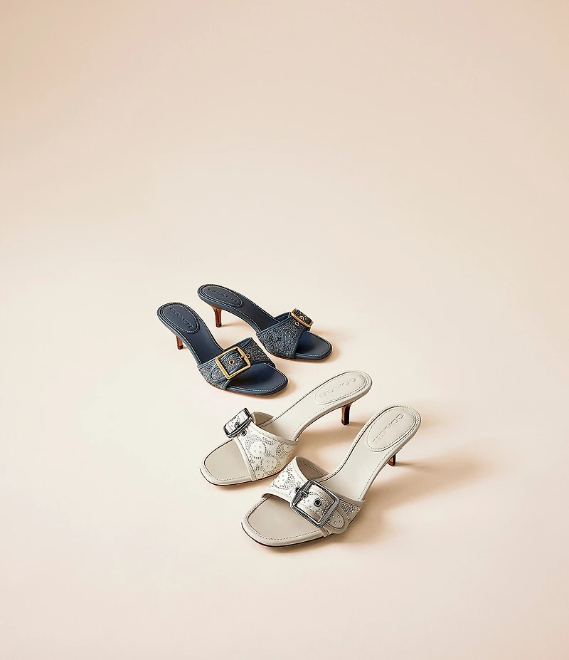COACH Limited Edition Margot Crystal Signature Denim Kitten Heel Slide Sandals