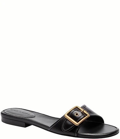 COACH Margot Leather Buckled Flat Slide Sandals