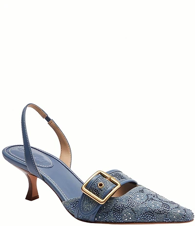 COACH Limited Edition Margot Crystal Signature Denim Kitten Heel Slingback Pumps