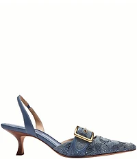 COACH Limited Edition Margot Crystal Signature Denim Kitten Heel Slingback Pumps