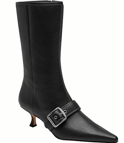 COACH Margot Leather Kitten Heel Buckle Mid Calf Boots