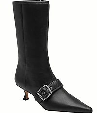 COACH Margot Leather Kitten Heel Buckle Mid Calf Boots