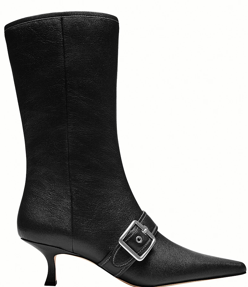 COACH Margot Leather Kitten Heel Buckle Mid Calf Boots
