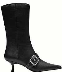 COACH Margot Leather Kitten Heel Buckle Mid Calf Boots