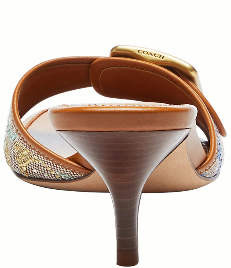 COACH Margot Rainbow Crystal Signature Logo Jacquard Leather Buckle Slide Sandals