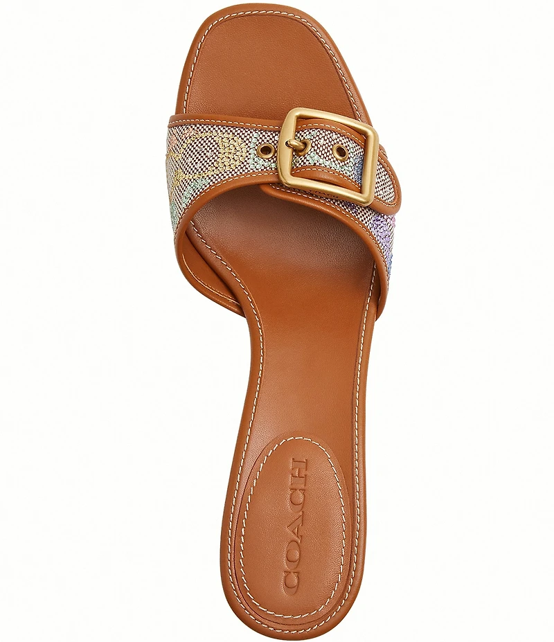 COACH Margot Rainbow Crystal Signature Logo Jacquard Leather Buckle Slide Sandals