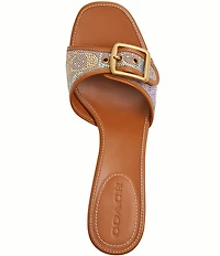 COACH Margot Rainbow Crystal Signature Logo Jacquard Leather Buckle Slide Sandals
