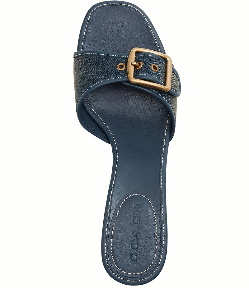 COACH Margot In Loved Denim Buckle Hardware Slide Sandals